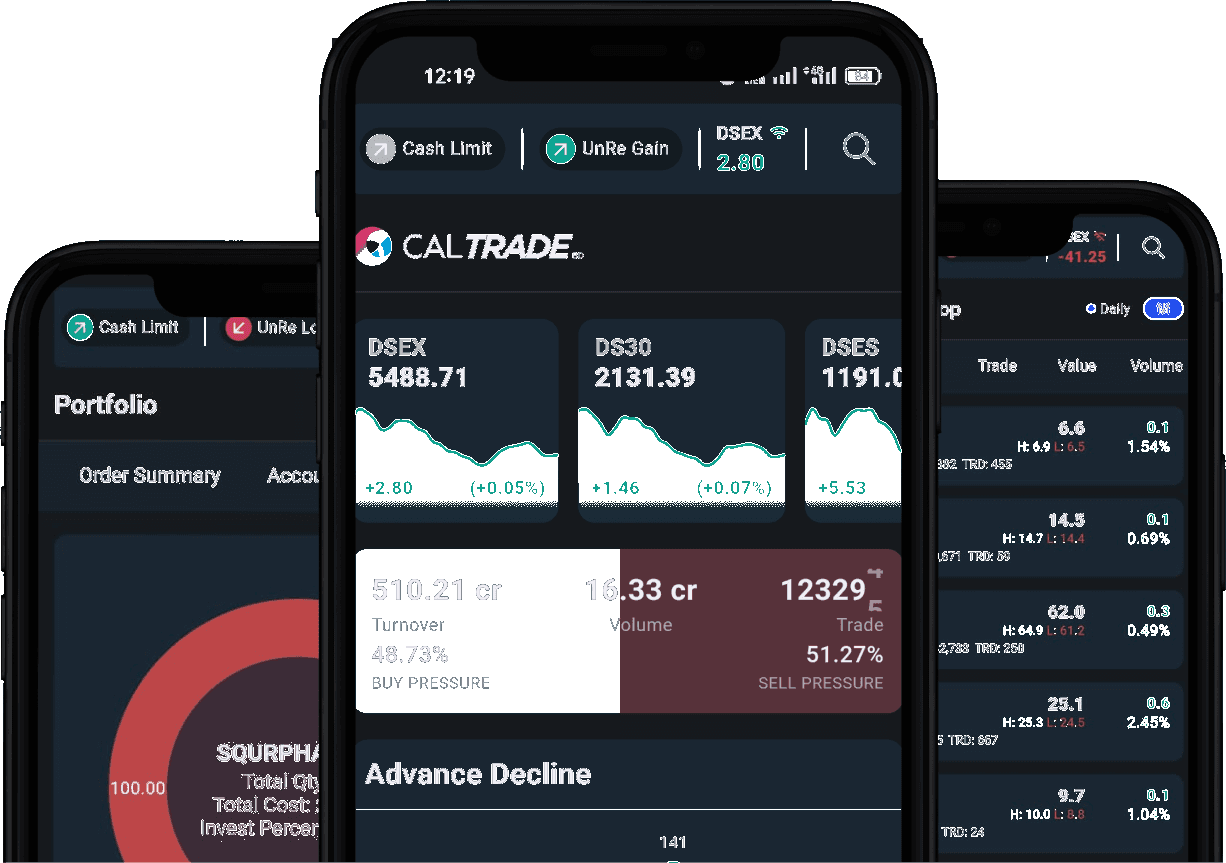 CAL Trade app showing live DSE indices, portfolio and watchlists